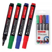 Маркеры перманентные BRAUBERG 'Contract', НАБОР 4 ЦВЕТА, круглый наконечник 3 мм, 150474