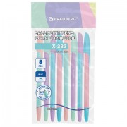 Ручки шариковые BRAUBERG 'X-333 PASTEL MIX', НАБОР 8 ШТУК, СИНИЕ, узел 0,7 мм, линия письма 0,35 мм, 144535