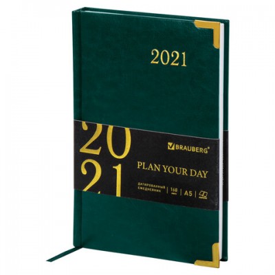 Ежедневник датированный 2021 А5 (138х213 мм) BRAUBERG 'Senator', кожзам, зеленый, 111412
