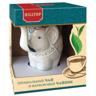 Чай HILLTOP 'Подарок Цейлона', черный листовой, 80 г, фарфоровый чайник 'СЛОН ТОПАЗ', 650 мл, 15002
