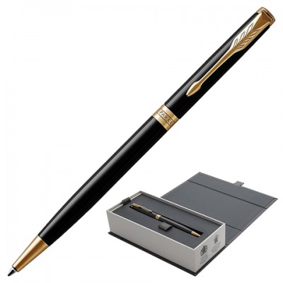 Ручка шариковая PARKER 'Sonnet Core Lacquer Black GT Slim', тонкая, корпус черный глянцевый лак, позолоченные детали, черная, 1931498