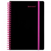 Тетрадь обложка пластик, А5 80 л., спираль пластик, резинка, клетка, BRAUBERG, черный/розовый, 405384