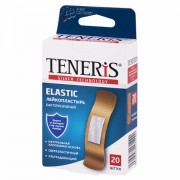 Набор пластырей 20 шт. TENERIS ELASTIC, эластичный, на тканевой основе, бактерицидный с ионами серебра, коробка с европодвесом, 0208-029