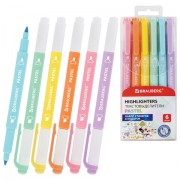 Набор текстовыделителей двусторонних 6 ПАСТЕЛЬНЫХ ЦВЕТОВ, BRAUBERG 'TWIN PASTEL', линия 1-5 мм, 152518