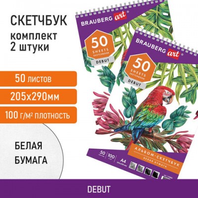 Скетчбук-блокнот для рисования белая бумага 100 г/м2, 205х290 мм, 50 л., КОМПЛЕКТ 2 шт., BRAUBERG, 880274, 110983