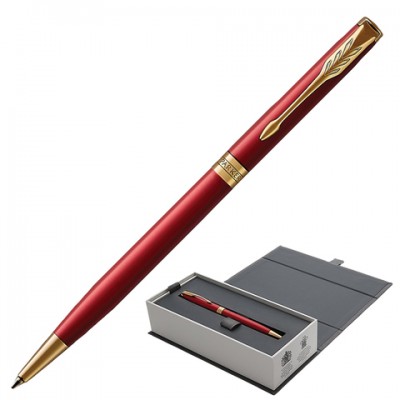 Ручка шариковая PARKER 'Sonnet Core Intense Red Lacquer GT Slim' тонкая, корпус красный глянцевый лак, позолоченные детали, черная, 1931477